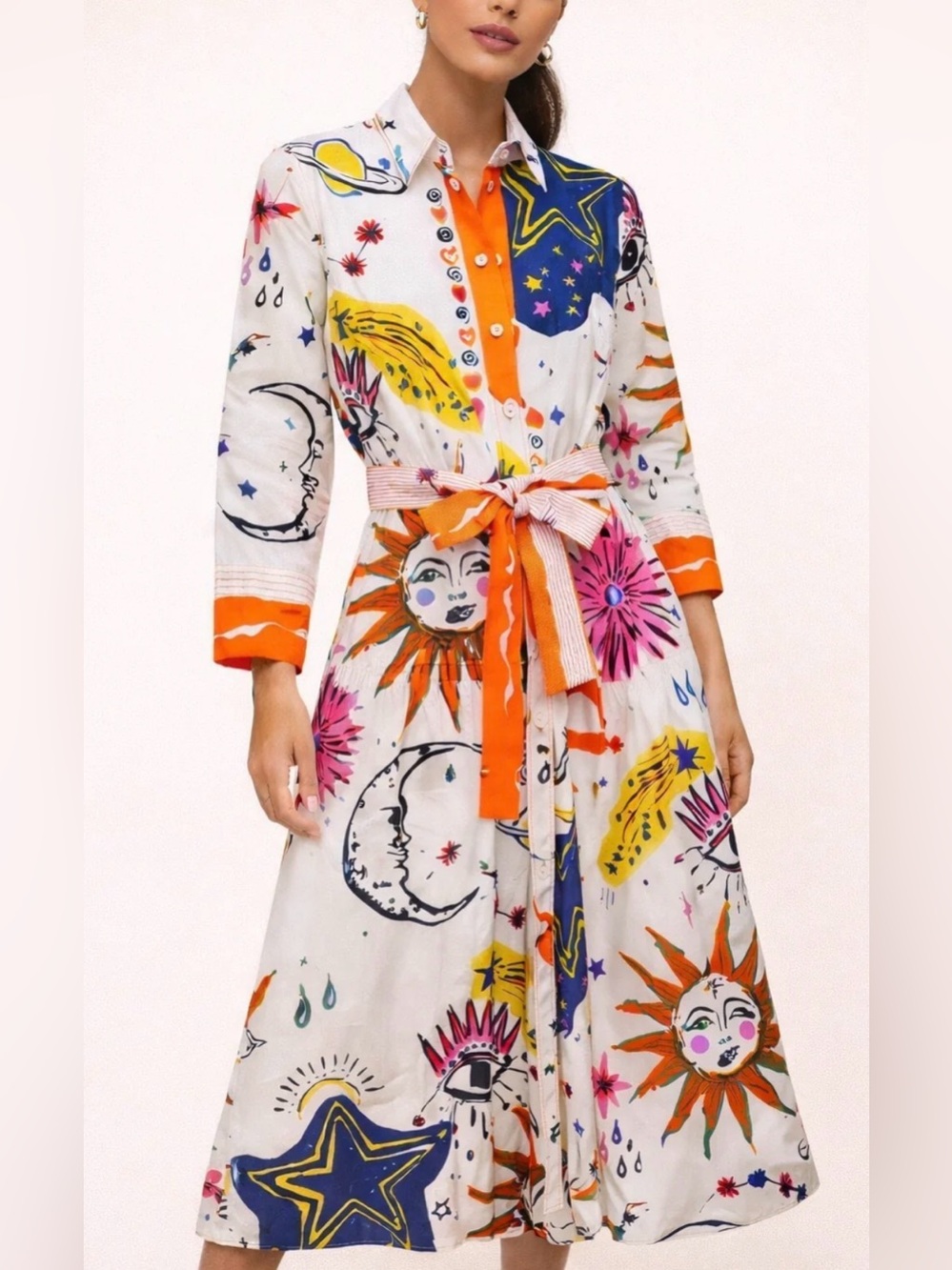 Sundayup Celestial Moon Sun Print Long-Sleeve Dress Tie Waist Ms. Frizzle Vibes